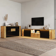 Set mobile TV 180 × 40 × 51 cm e credenza 140 × 35 × 71 cm con LED Bluetooth; nero e naturale