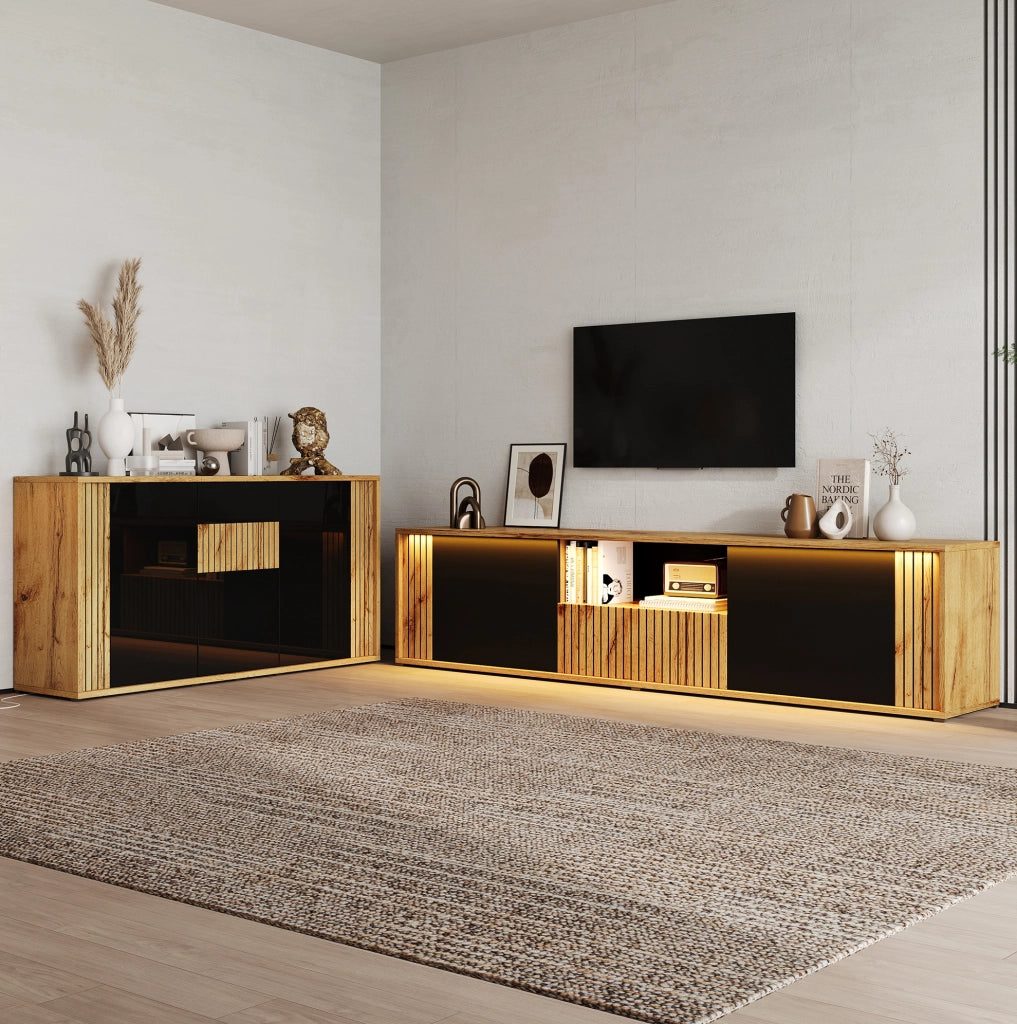 Set mobile TV 180 × 40 × 51 cm e credenza 140 × 35 × 71 cm con LED Bluetooth; nero e naturale