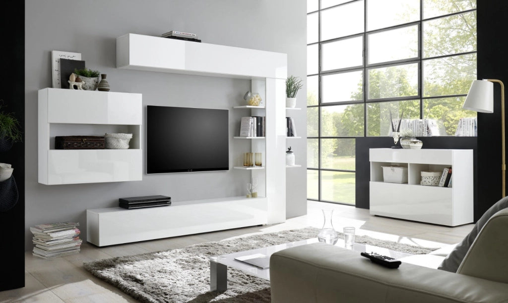 Credenza Mobile Soggiorno 1 Anta 2 Vani 111x42x82 cm TFT Akira Bianco Lucido