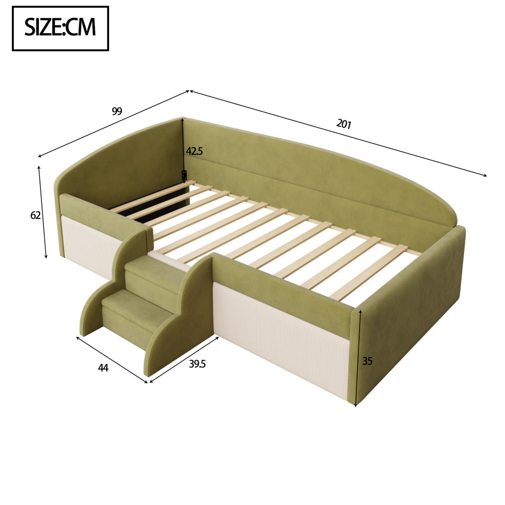 Letto per bambini 90 × 190 cm con sponde di sicurezza e gradini antiscivolo, senza materasso, in velluto, verde