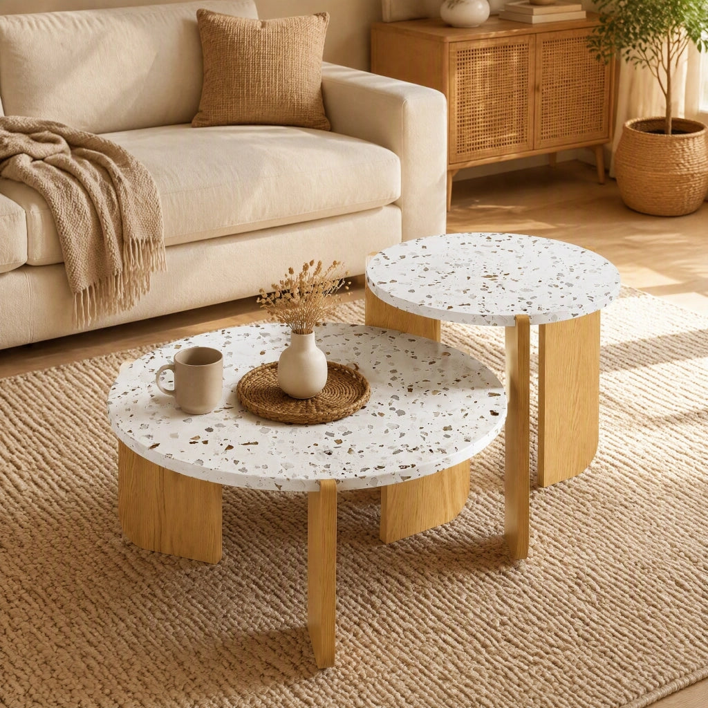 TAVOLINO Set da 2 pezzi 70x70x35 cm + 50x50x45,5 cm MDF Bianco e legno