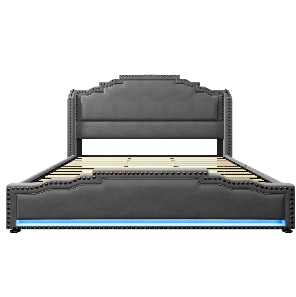 Letto matrimoniale ULEVR 180x200 cm con 4 cassetti, LED, USB e Type-C, velluto grigio