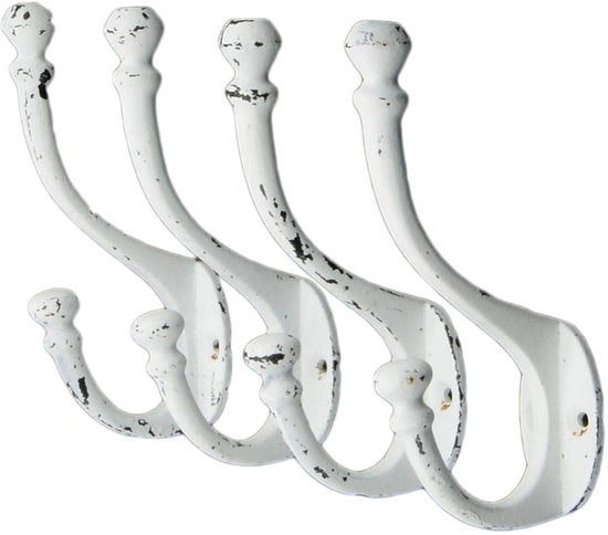 Set di 4 chiodi da parete in ghisa vintage (4-pack) – Stile rustico, rurale, shabby chic, stile francese rurale | Ideale per giacche, borse, asciugamani, cappelli | Bianco antico