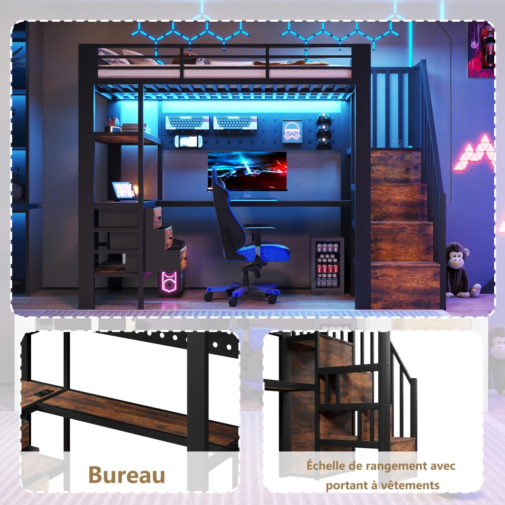 Letto a castello con scrivania a LED 90x200 cm realizzato in MDF nero e metallo