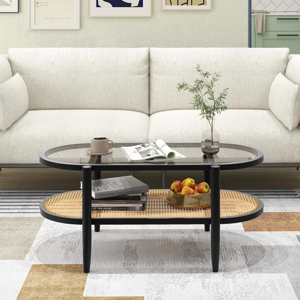 Tavolino da Caffè Salvaspazio, Tavolino da Divano a 2 Ripiani con Piano in Vetro Temperato, Struttura in Legno e Piedini Regolabili, per Soggiorno, Camera da Letto Ufficio, 102 X 56 X 46 CM