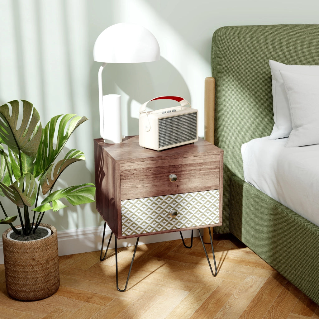 Comodino con 2 cassetti gambe in acciaio stile bohemien ¨C zephmum ¨C Marrone 45x39x55,5 cm
