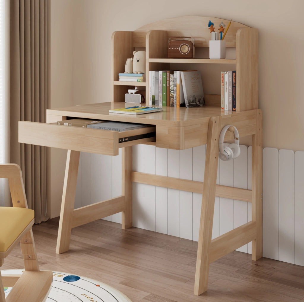 Scrivania per bambini 60x88.2x118 cm regolabile in altezza con cassetto e vano contenitore in legno naturale