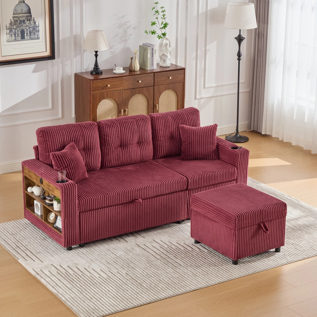 Divano letto in corduroy con contenitore; USB-C e LED; 196 cm; rosso vino