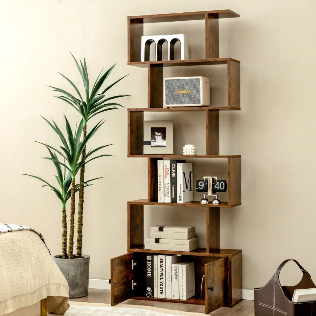 Libreria a forma di S a 5 livelli con ante-Scaffale decorativo in legno per il soggiorno l'ufficio Caff¨¨
