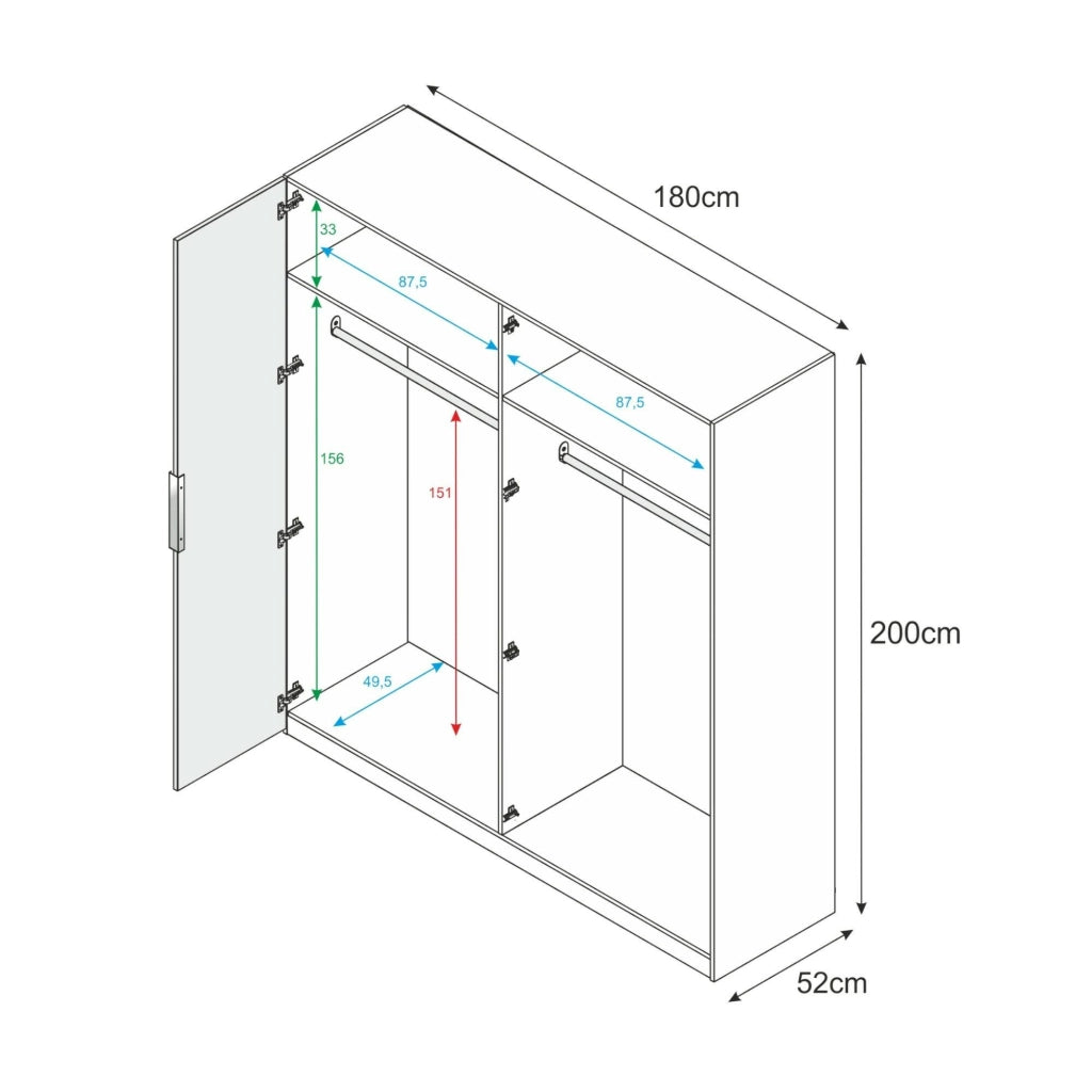 Guardaroba Aram, Armadio per camera da letto a 4 ante battenti, Mobile con 2 ripiani e barra appendiabiti, cm 180x52h200, Bianco
