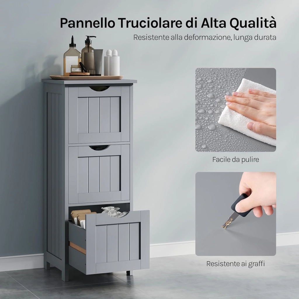 Mobile da Bagno, Mobiletto Bagno Salvaspazio, con 3 Cassetti, 32 x 30 x 81 cm, Armadio Autoportante, per Sala da Pranzo, Cucina, Stile Moderno, Grigio BZS123hgr