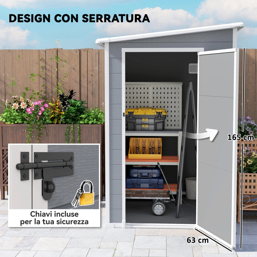 Casetta da Giardino con Finestra e Doppia Porta, in PP e Alluminio, 122x149x192 cm, Grigio