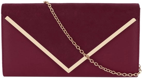 Clutch in Pelle di Velluto per Donne con Tasca Enveloppe e Cinturino con Catena, colore Bordo Rosso