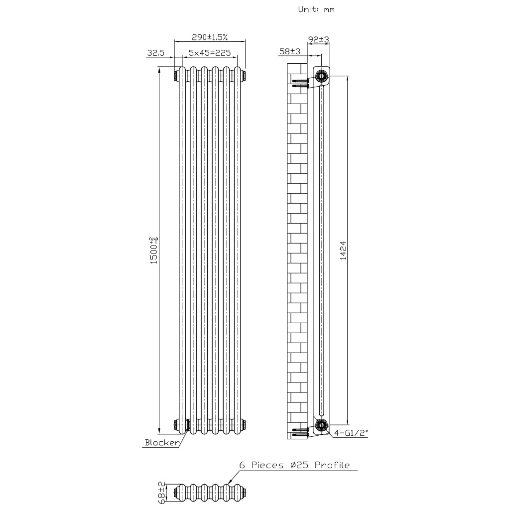 Radiatore 2 Colonne Verticale Metallo Grezzo 1500x290 mm