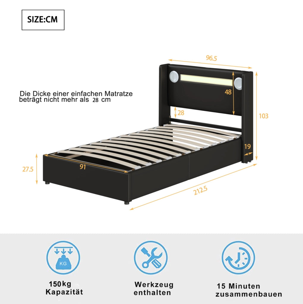 Letto imbottito con contenitore, LED, Bluetooth e ricarica USB