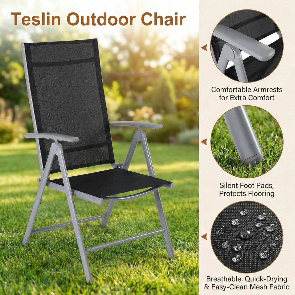 Set Giardino Esterno 3 Pezzis, Aluminium Tavolo da Giardino con Sedie, Tavolo e Sedie da Balcone, 2 Sedie Pieghevoli e Tavolino 75x75 cm, Salottino da Giardino Esterno 2 Posti, Grigio argento