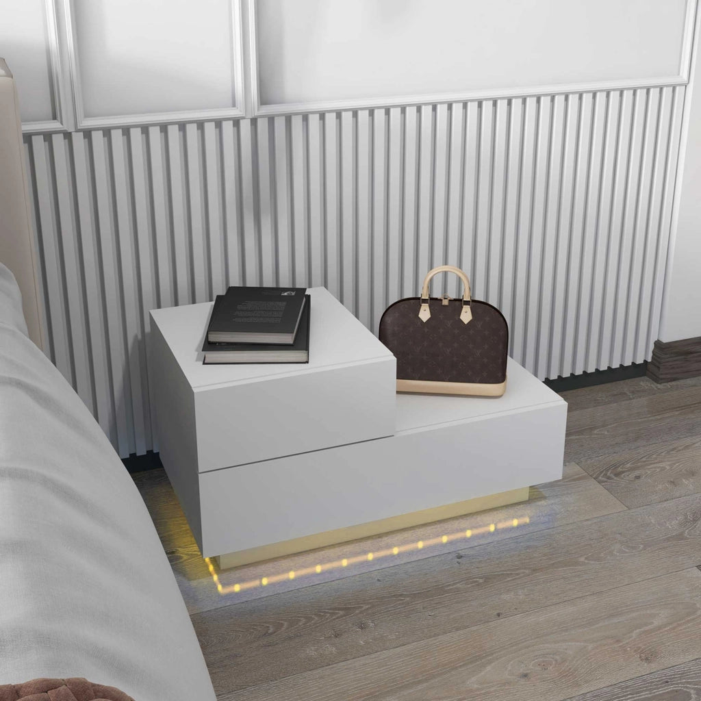 Easycomfort Comodino Moderno con 16 Luci LED RGB, Telecomando e Due Cassetti in Truciolato, 70x37x38cm, Bianco