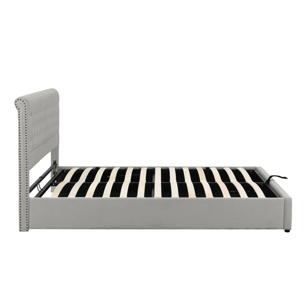 Letto imbottito grigio con vano contenitore e testiera 103 cm, 140 x 190 cm