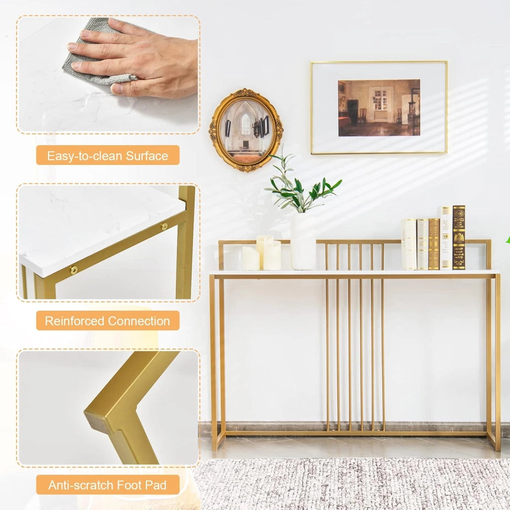 Tavolo Consolle in Marmorizzato Oro, Tavolino da Corridoio Struttura in Metallo, Tavolino da Salotto Design Moderno e Sottile, 120 x 30 x 88 cm (Bianco+Oro)