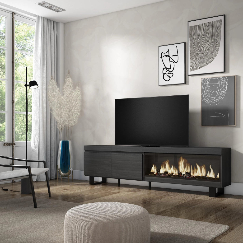 Mobile TV Soggiorno, 208x35x57cm, Per TV fino a 80", Camino elettrico XXL, Design industriale, Nero RF3260