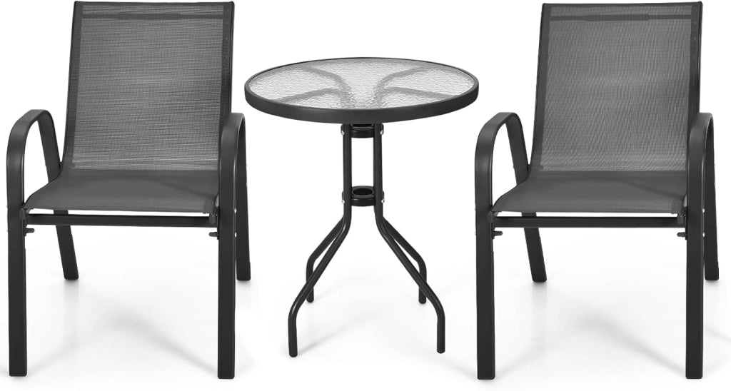 Set da Bistrò in Tessuto Textilene, Set da Giardino in 3 Pezzi, Tavolo Rotondo in Vetro Portato 50 kg, Sedie Portate 150 kg, Set Tavolo e Sedie da Esterno, Patio, Cortile, Veranda (Nero)