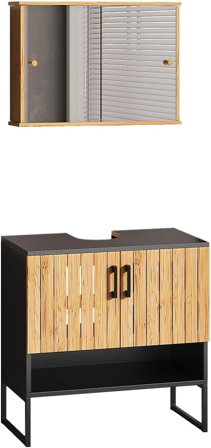 Set di mobili da bagno Vayra, Bambù, 60 cm, composto da mobile sottolavabo, specchiera e mobile medio