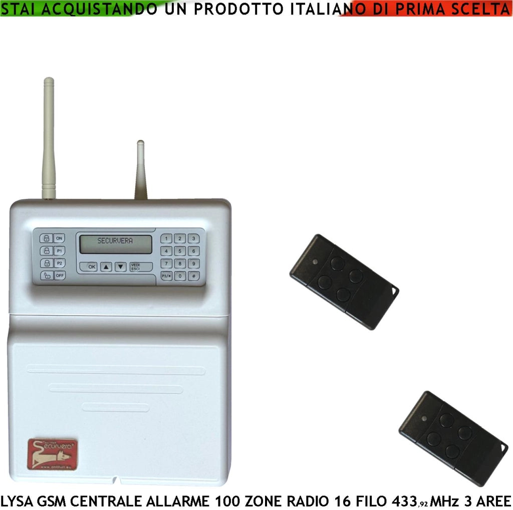 Centrale Allarme Radio Filo Lysa GSM 100 Zone Radio 433,92 MHz 16 Zone Filo 3 Aree 2 Radiocomandi Bidirezionali 4 Canali Memoria Eventi Sidra App Android Codici Utente e Tecnico Ascolto Ambientale