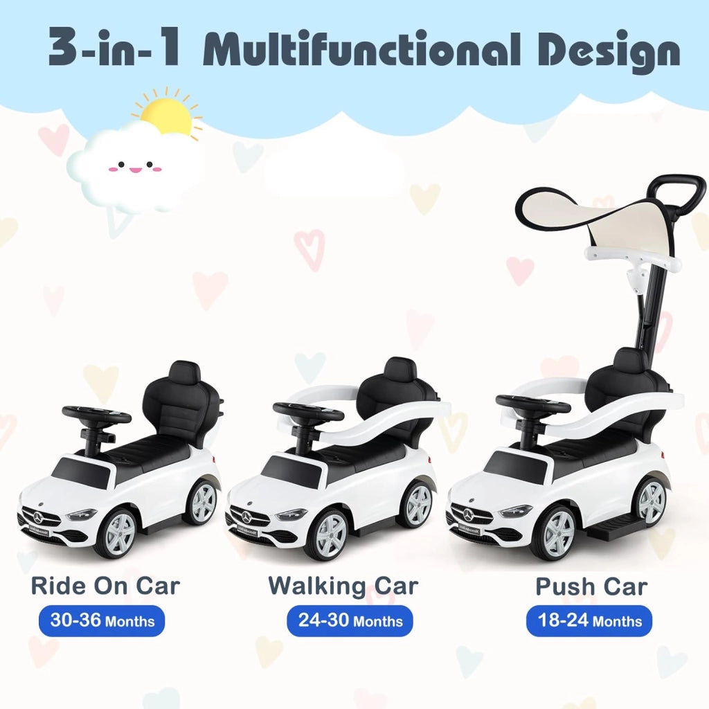 Macchina Cavalcabile per Bambini con Licenza Mercedes-Benz 3 in 1, Capote Regolabile, Guida Realistica con Volante e Clacson, Capacità di Carico 25 KG, per Bambine e Bambini 1-3 Anni (Bianco)