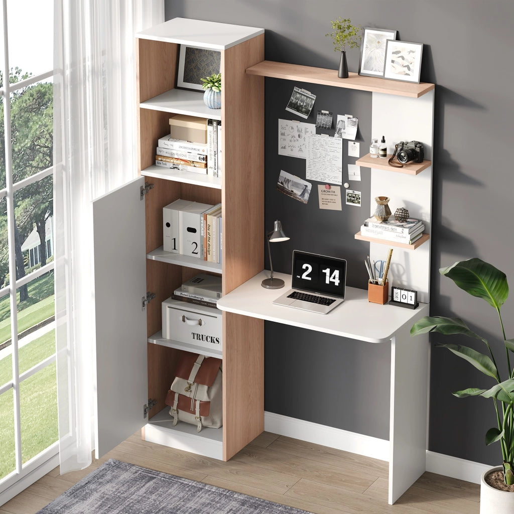 Scrivania con contenitore e scaffalature aperte, design moderno bianco e effetto legno, 123,5x45x168,5 cm
