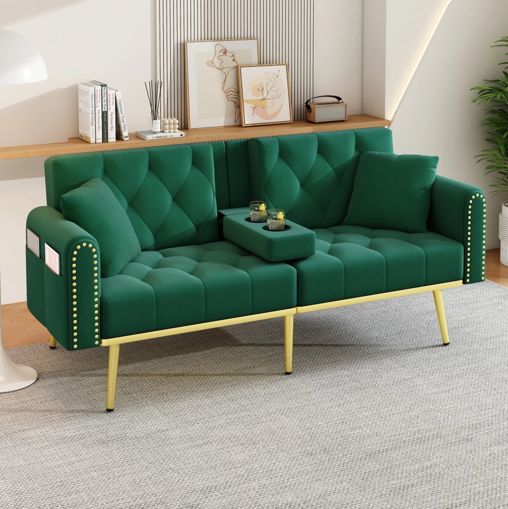 Divano letto 175x80x73.5 cm con schienale reclinabile in velluto verde