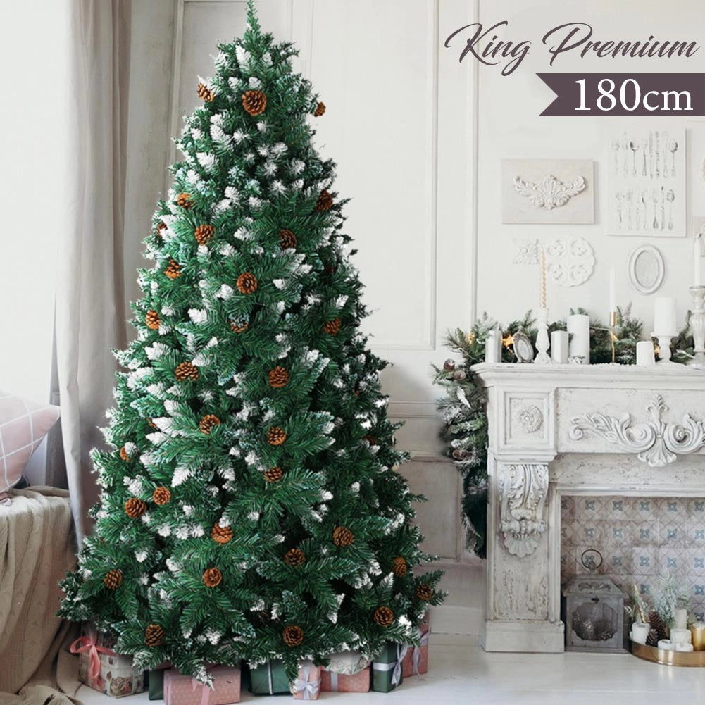 Albero di Natale Innevato 180cm Folto con Pigne 831 Rami Base Legno Massello