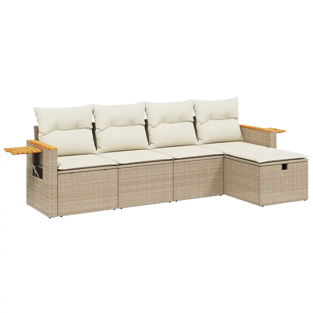 Set Divano da Giardino 5 pz con Cuscini Beige in Polyrattan