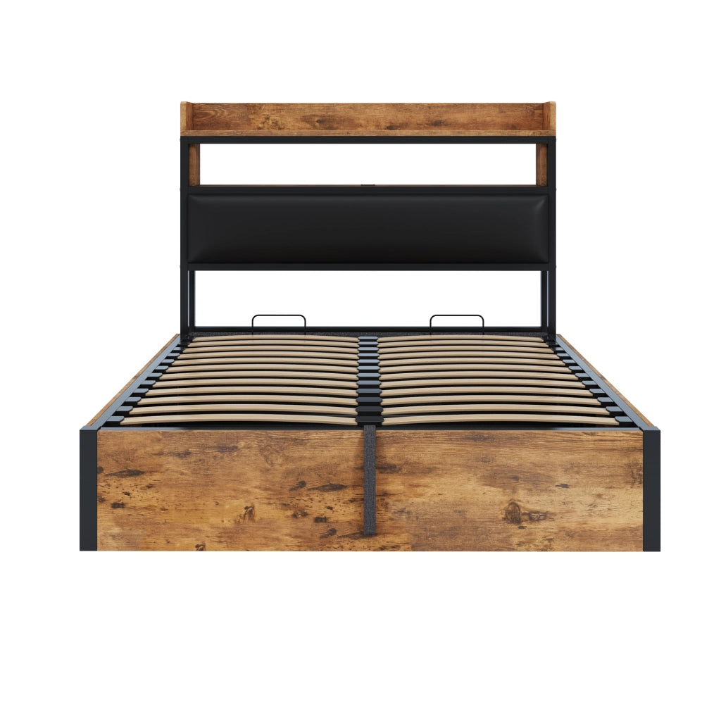 DESMIU Letto contenitore 140 × 200 cm 2 posti con USB, testiera con ripiano, senza materasso, nero