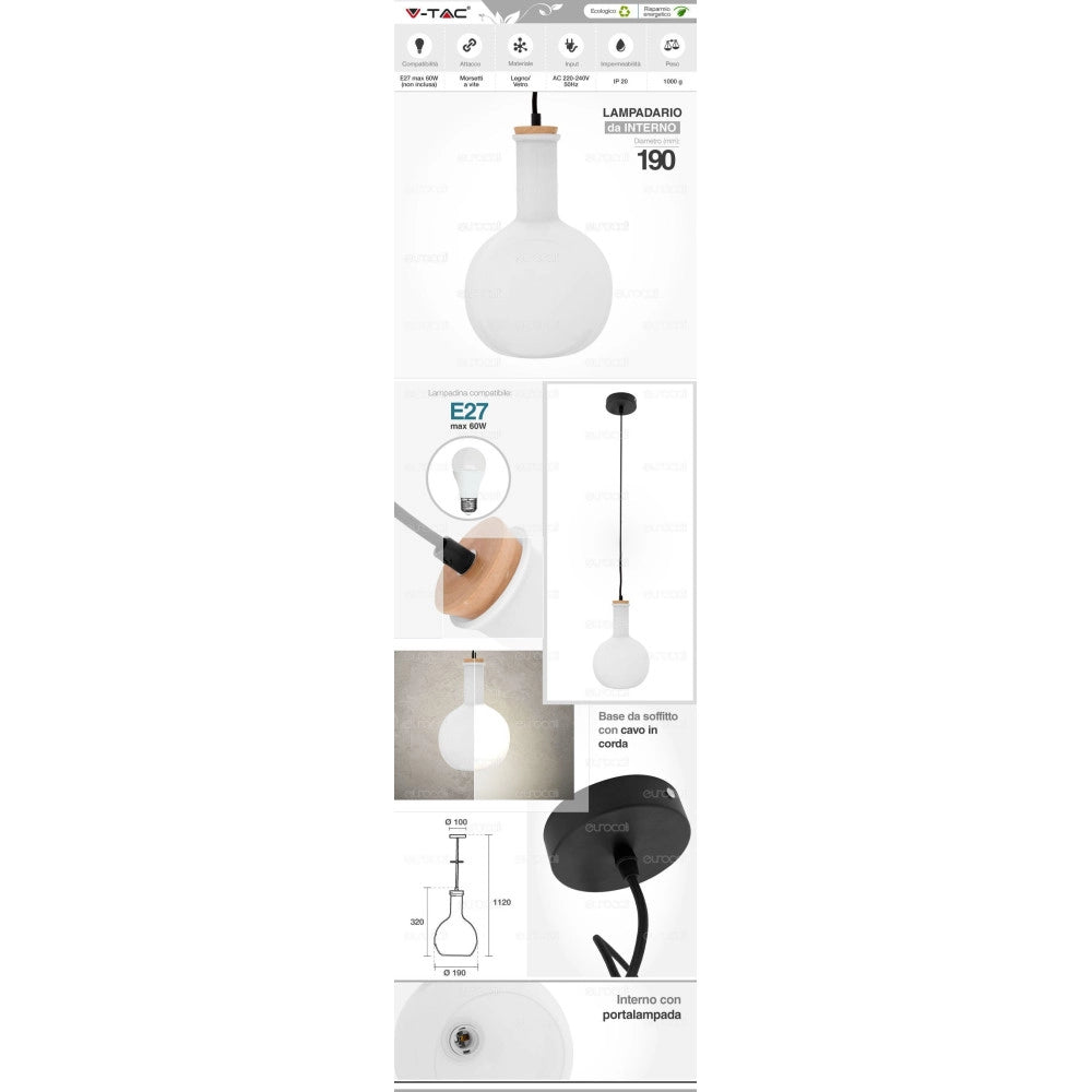 Trade Shop - V-tac Vt-7205 Lampadario A Sospensione In Vetro Con Portalampada E27 -
