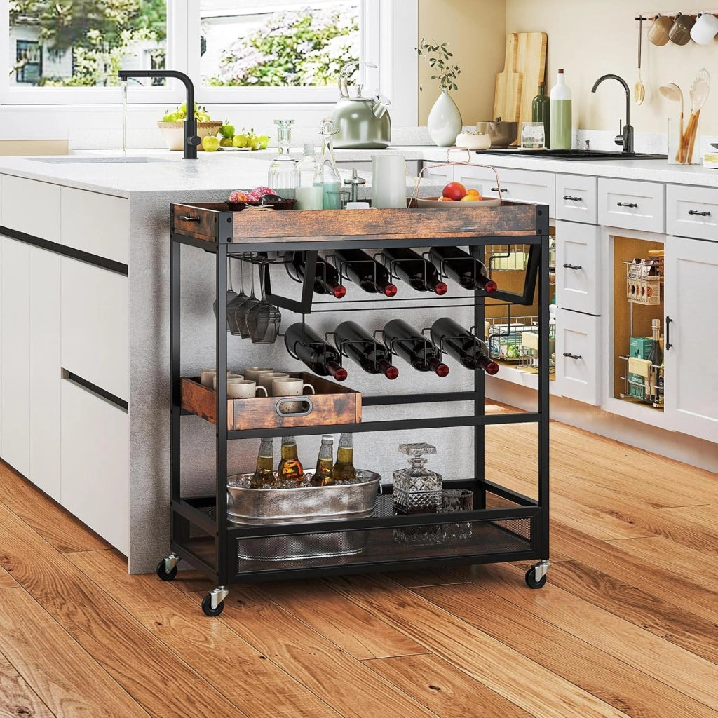 Carrello di servizio a 3 livelli, carrello da cucina con armadietto per vino, porta bicchieri, vassoio rimovibile, struttura in metallo, carrello portaoggetti a 3 livelli, per sala da pranzo