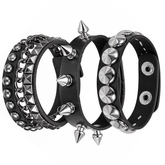 Set di bracciali in pelle neri - 3 pezzi - cinturini in pelle adattabili - decorazione metallica - materiale PU duraturo - cinturino in pelle