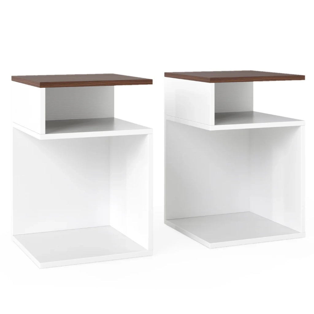 Set di 2 tavolini laterali a forma di 'S' 33 x 33 x 50 cm con 2 scomparti aperti design elegante in legno di noce ingegnerizzato 20_0009872