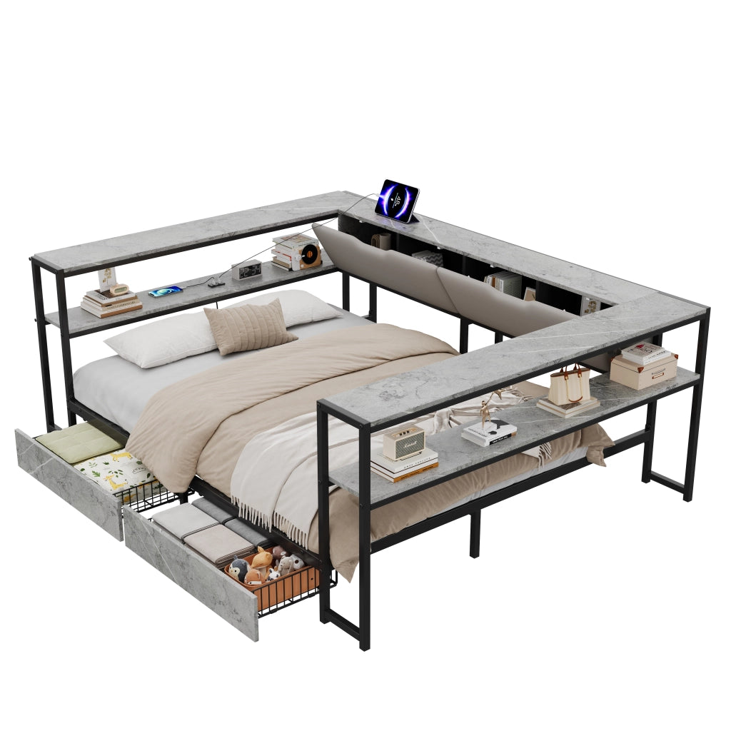 Letto per bambini con contenitore, USB e USB-C, rete a doghe in metallo, 2 cassetti, grigio, 90x200 / 140x200 cm
