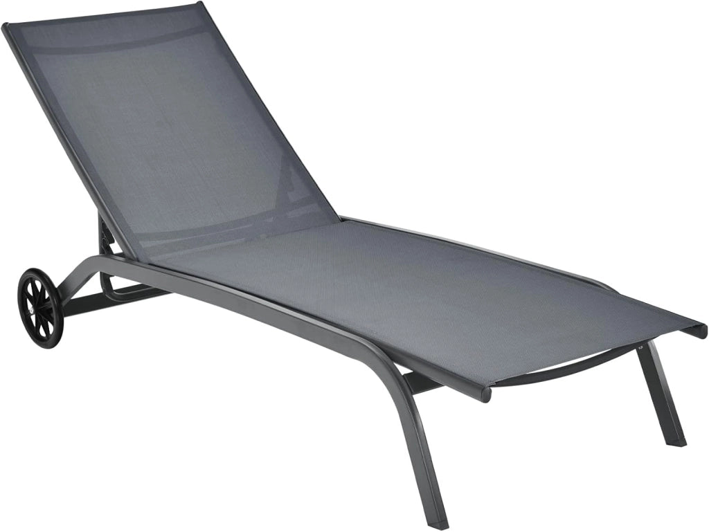 Lettino Prendisole con Ruote, Sdraio da Giardino Regolabile in 6 Posizioni, Struttura Metallica e Tessuto Traspirante, per Giardino, Piscina e Spiaggia, Portata 150 kg (2, Grigio)