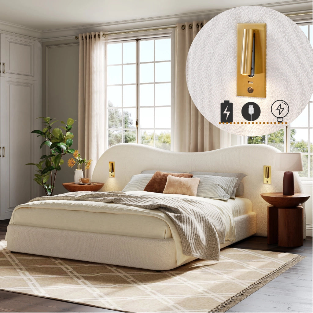 Letto imbottito con contenitore idraulico, USB e lampada, 180x200 cm, bianco bouclé