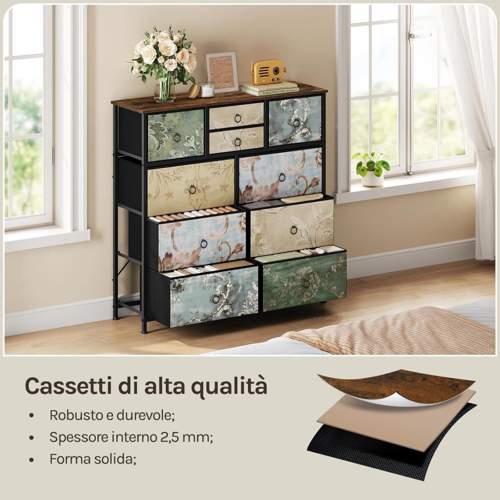 Cassettiera, 10 Cassetti per Camera da Letto/Corridoio/Soggiorno,arrone Rustico e Nero con Motivo Fiore Retrò, Struttura in Metallo, 100x 30x 100cm, SSK009pw