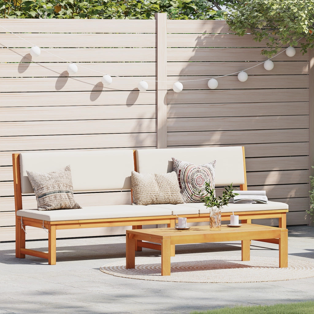 Lettino Prendisole 3-in-1 con cuscini panna in legno massello di acacia