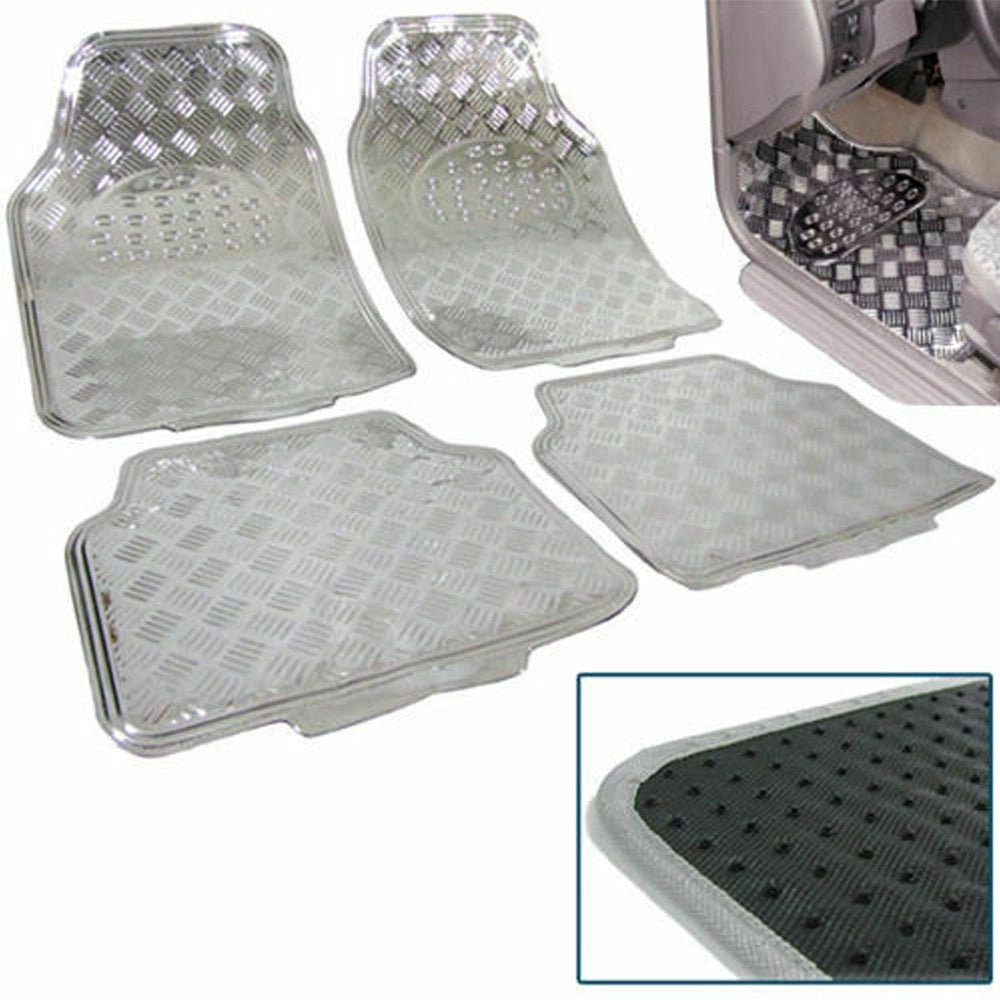 Trade Shop - Set 4 Tappetini Tappeti Auto Universali Sportivi Silver Gomma Effetto Metallo -