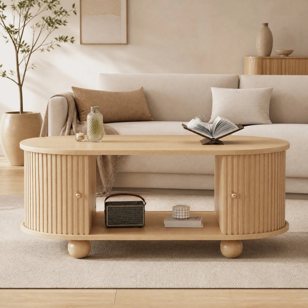 Tavolino da caffè ovale con vano contenitore; ante scorrevoli; 100x50x40 cm; MDF; effetto legno