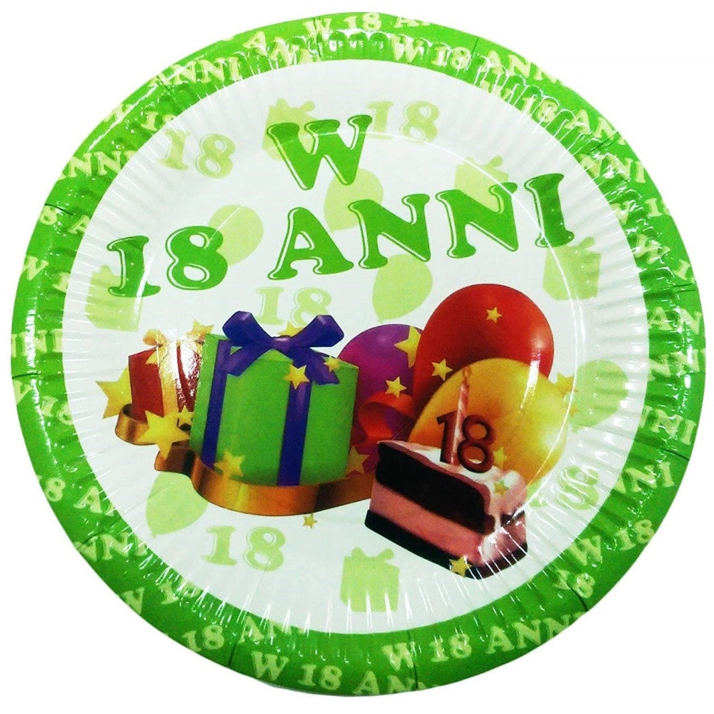 Trade Shop - Set 18 Pezzi Piatti Usa E Getta 18cm Feste 18 Anni Bianco Verde Compleanno -