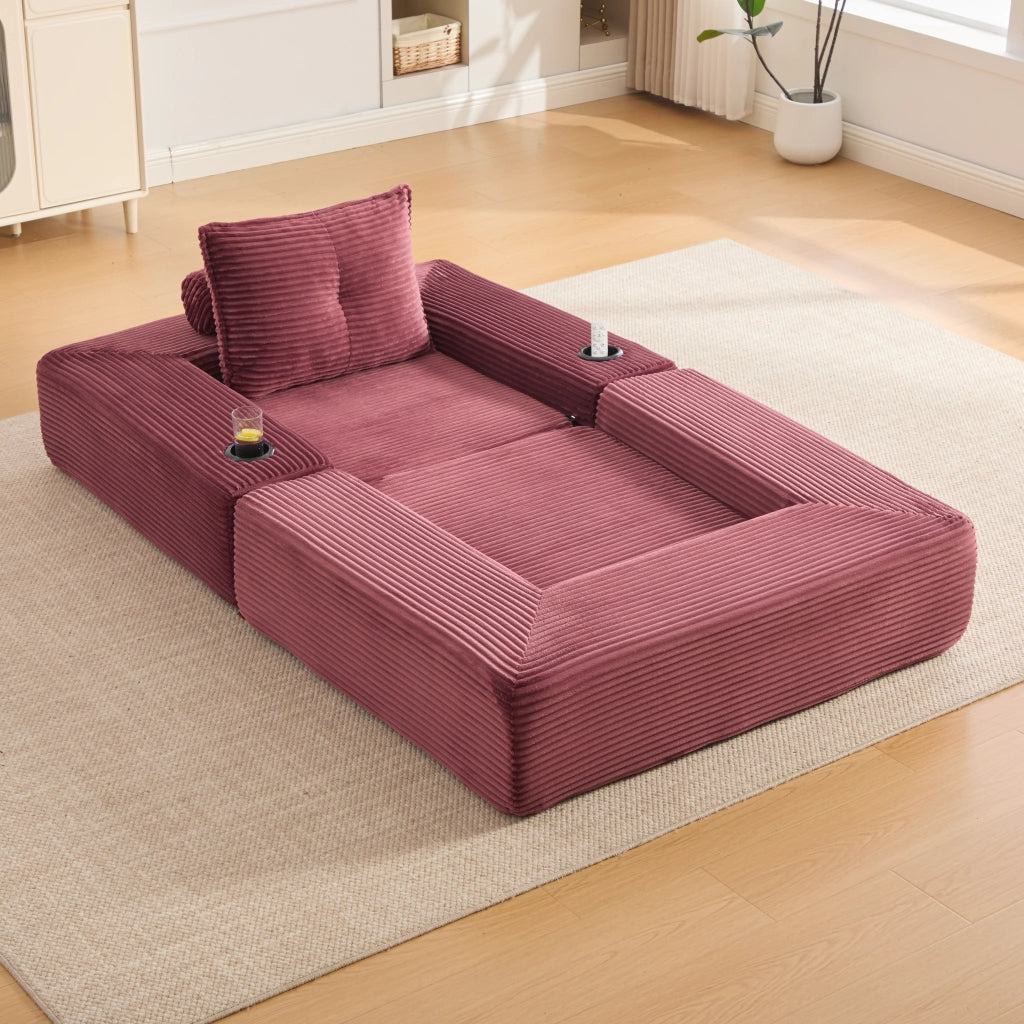 Divano letto modulare con tasche laterali e portabicchieri in velluto a coste rosso vino 122 × 98 × 80 cm