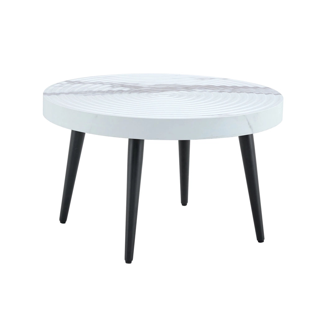 Tavolino rotondo 73.99x73.61x22.5 cm con piano effetto marmo e scanalature; MDF e metallo; bianco