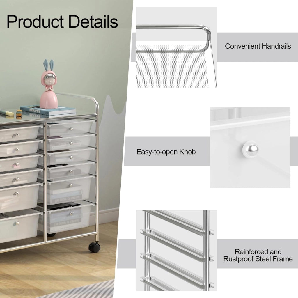 Carrello Portaoggetti con Ruote, 12 Cassetti Rimovibili, Carrello a Rotelle per Soggiorno, Ufficio, Camera da Letto, 64x38x75 cm, 3 Colori