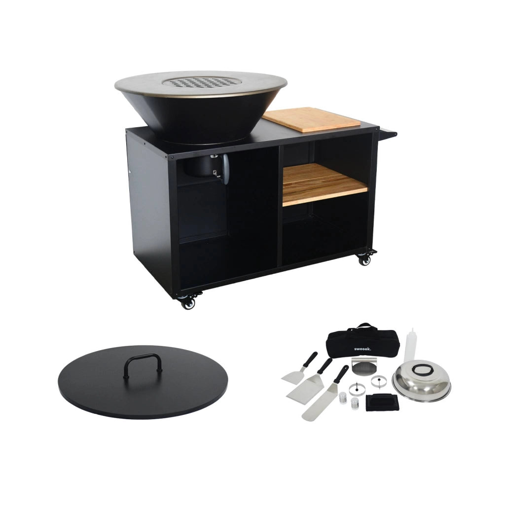 Braciere barbecue ø80cm, carrello con spazi di stoccaggio, coperchio e