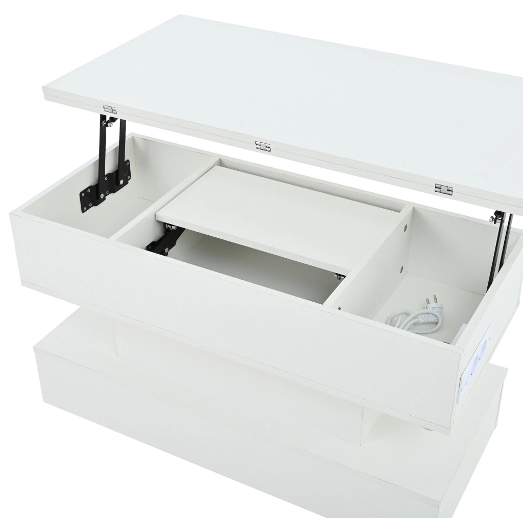 Tavolino da caffè 100x50x51.5 cm con piano sollevabile; vano contenitore e LED; truciolare bianco